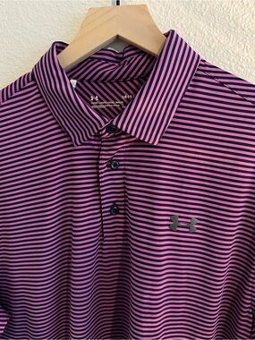 Under Armour Men’s Pink & Navy Striped Polo Shirt for Golf
